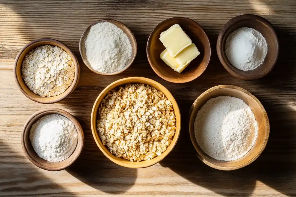 Ingredients for the crumble topping: oats, butter, sugar, and flour.