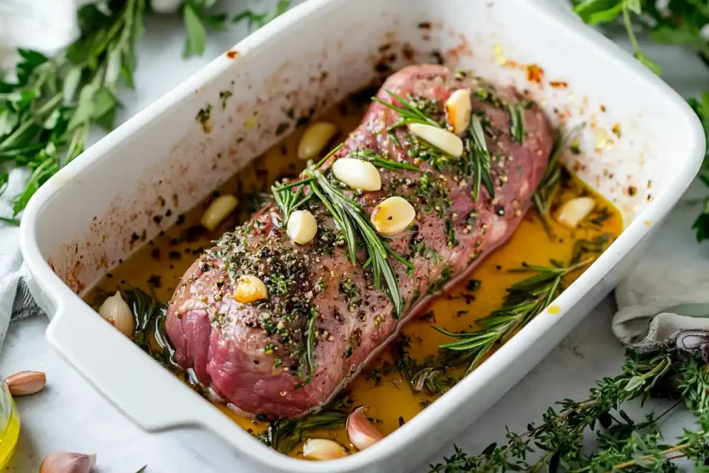 Lamb tenderloin marinating in garlic, rosemary, and olive oil, ready for cooking.
