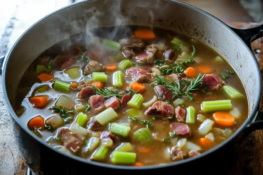 Braised lamb heart stew with root vegetables in a pot.