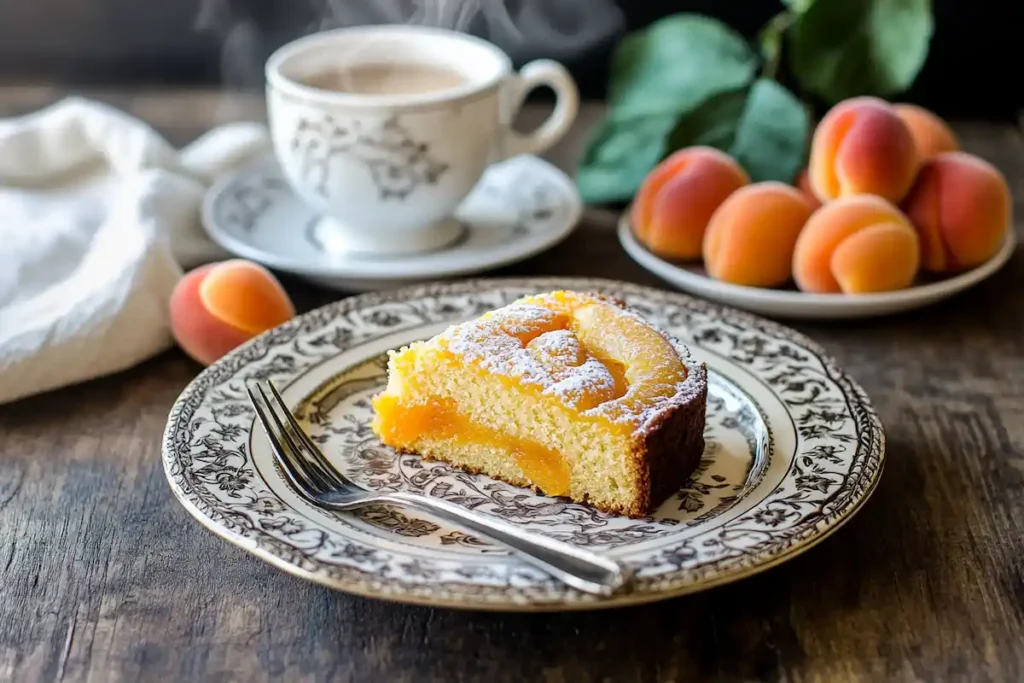 A slice of apricot coffee cake on a plate