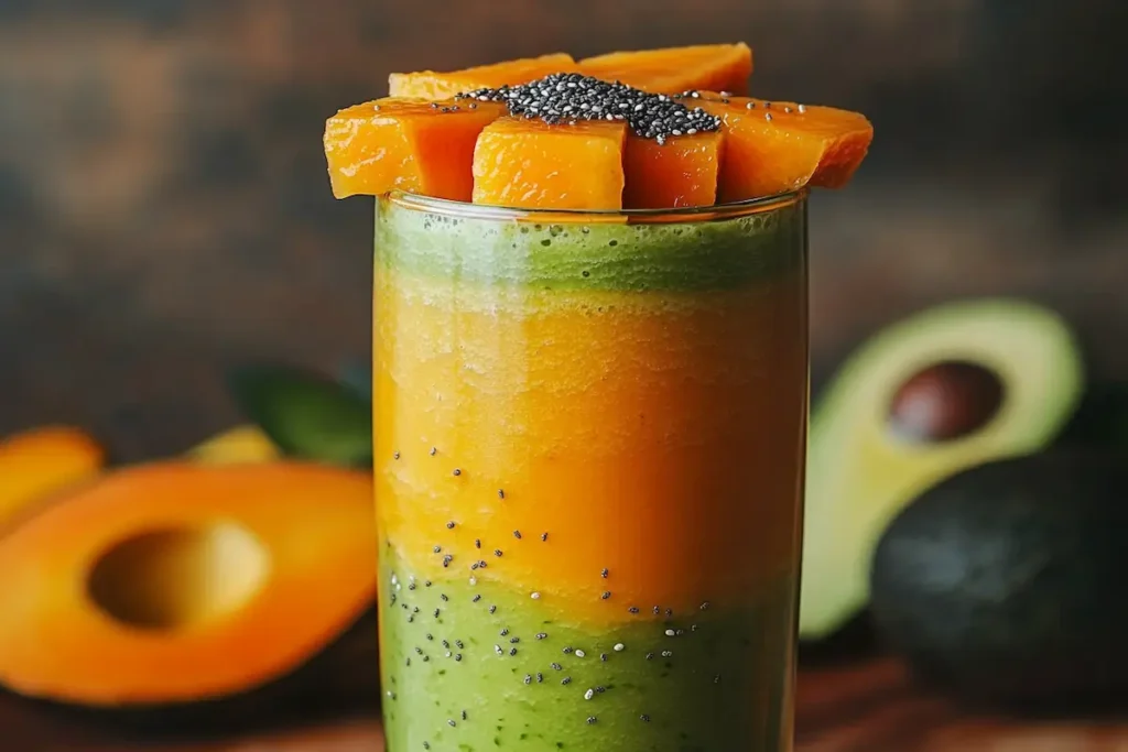 Papaya and avocado smoothie in a tall glass with fresh fruit garnish.