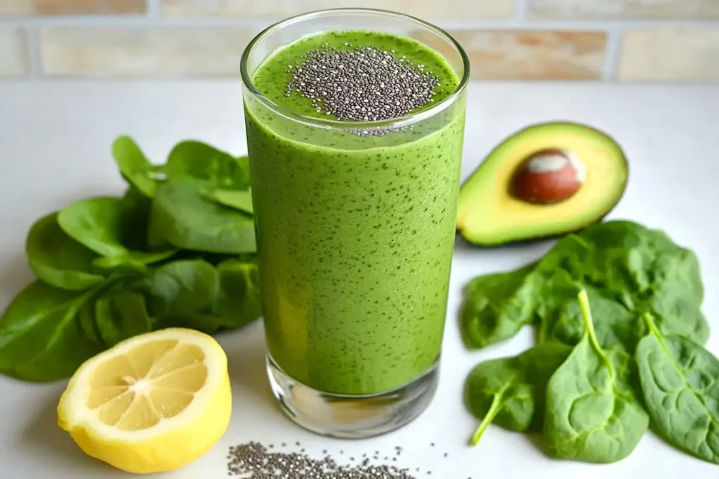 Green smoothie with chia seeds and spinach