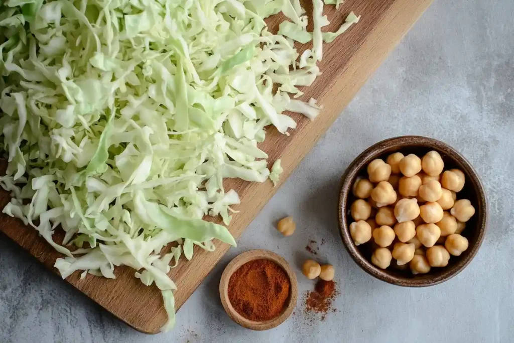 Shredded cabbage and cooked chickpeas for the pie filling