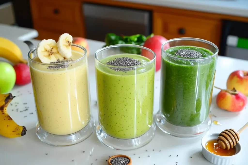Variations of apple banana smoothie with greens and toppings.