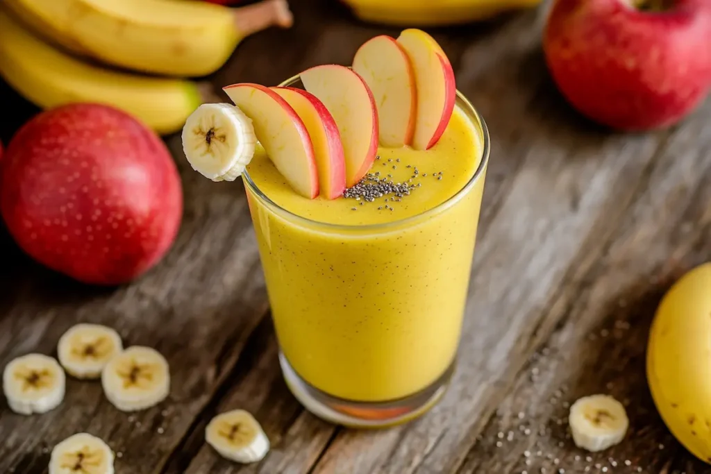 Apple Banana Smoothie in a glass with fresh fruits.
