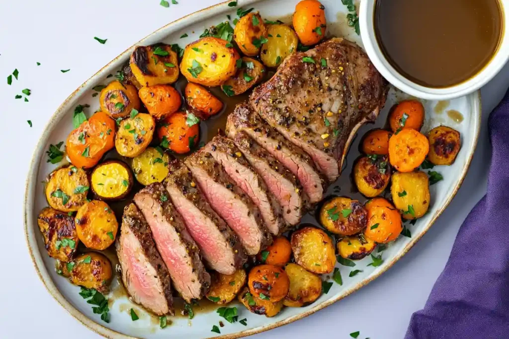 Served lamb breast slices with side dishes