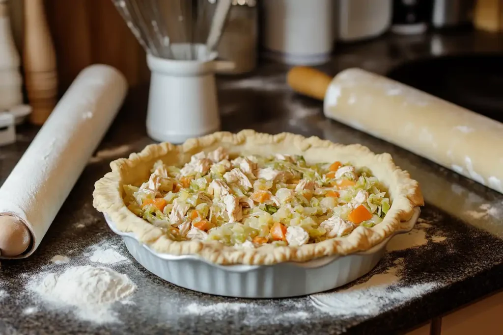 Chicken and cabbage pie crust assembly