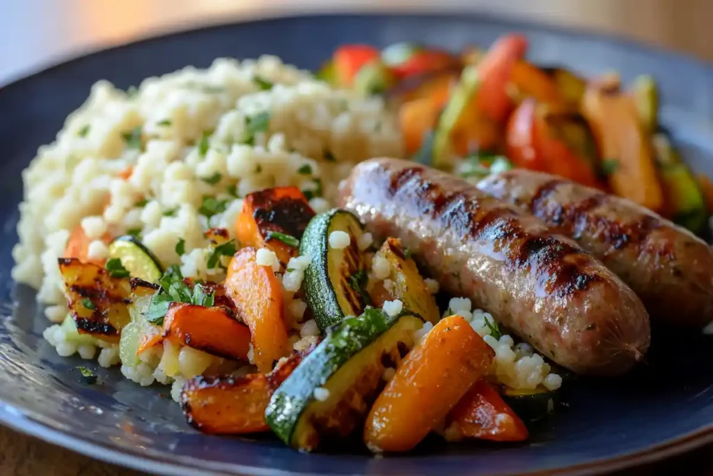 Grilled lamb sausages served with couscous and roasted vegetables