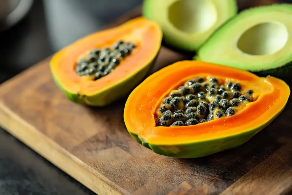 Fresh papaya and avocado halves on a wooden cutting board.