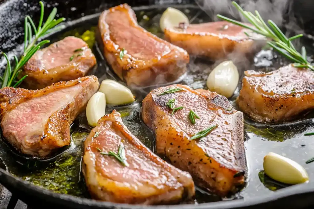 Pan-seared lamb heart with garlic and rosemary in a cast-iron skillet.