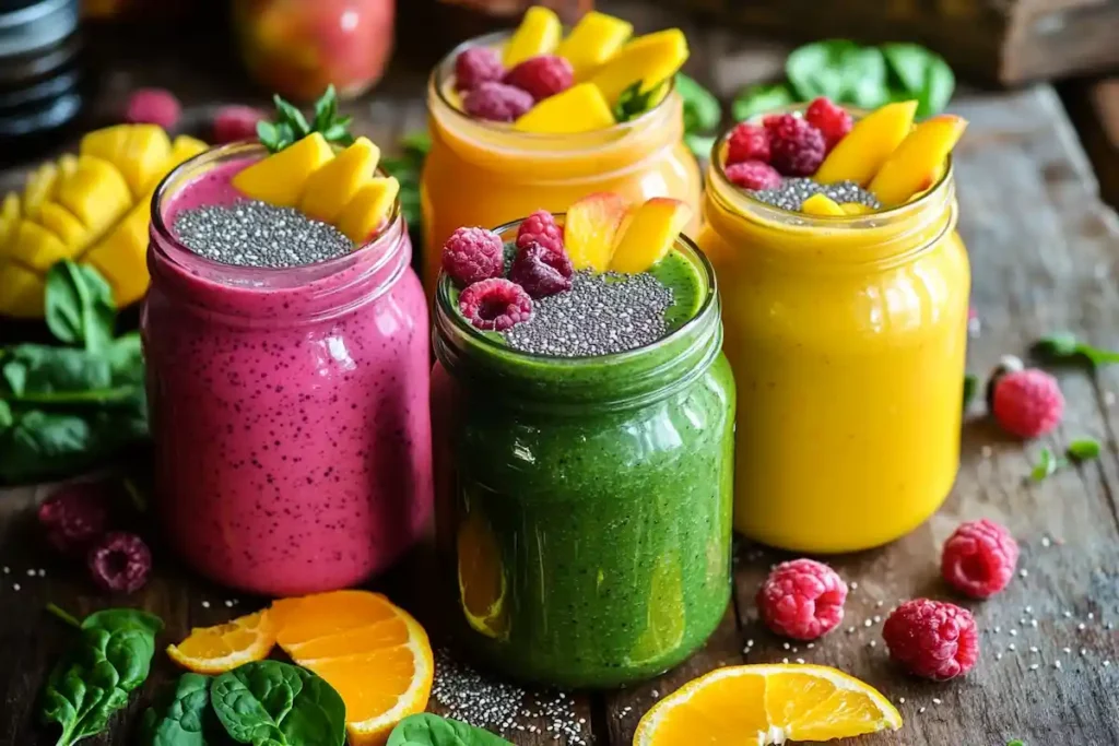Variety of smoothies with chia seeds