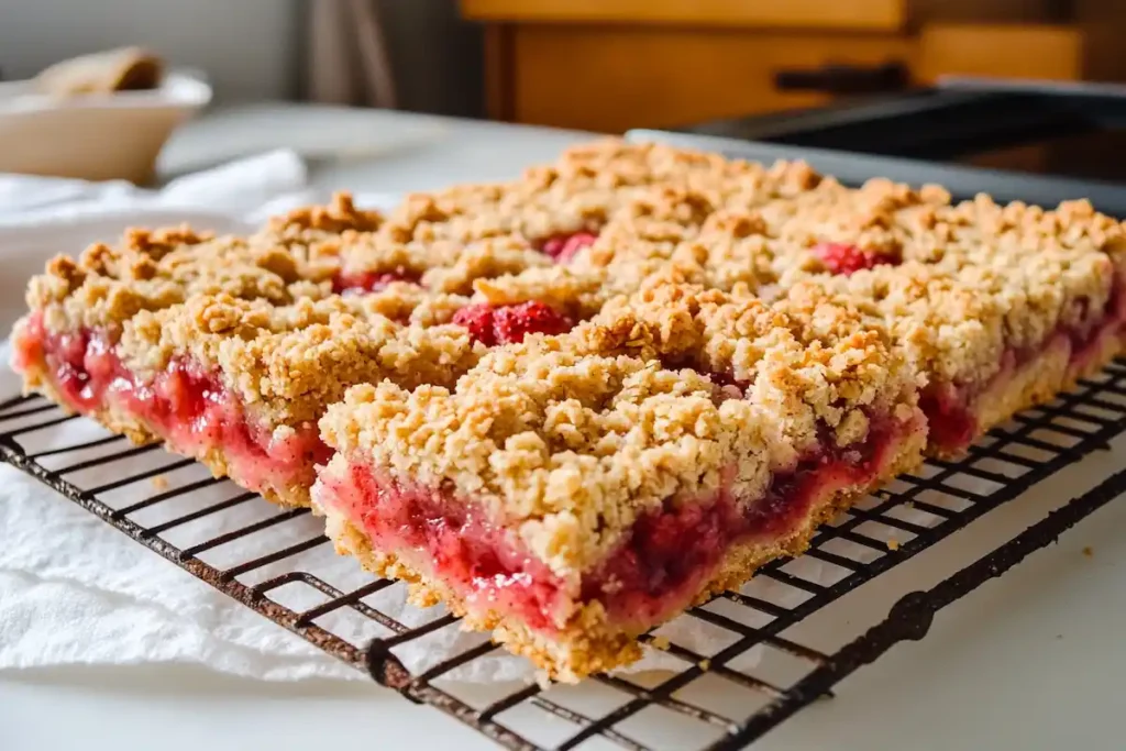 Baked strawberry crumble bars cooling on a wire rack.