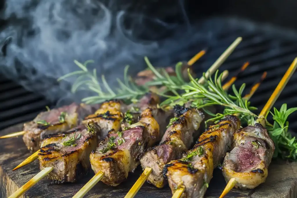 Cooking lamb heart on a grill with seasoning and herbs.