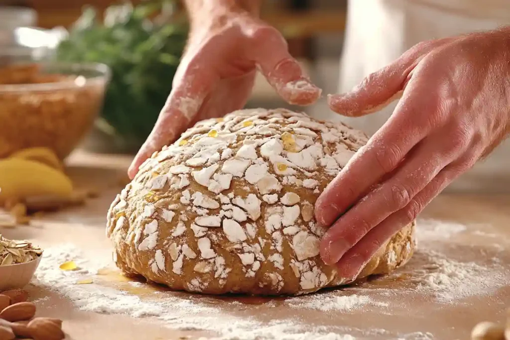 A baker's hands kneading dough for honey bread on a floured wooden surface, with ingredients visible in the background.