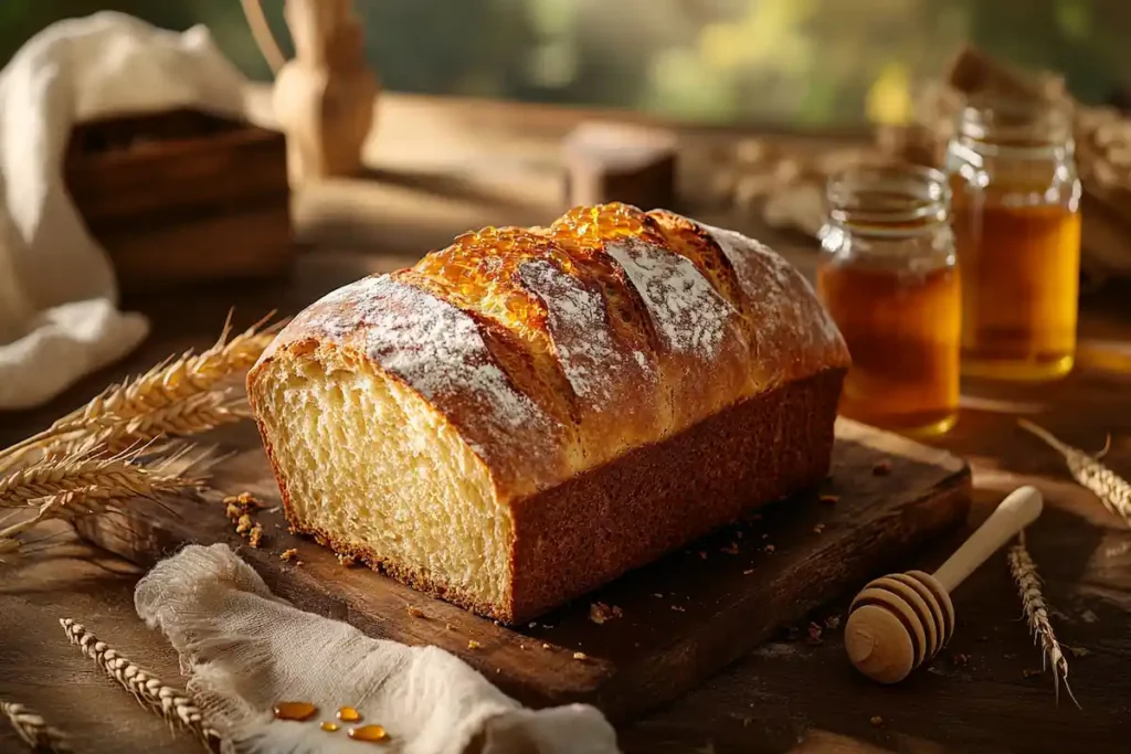 A golden loaf of honey bread on a wooden table surrounded by honey jars, wheat stalks, and a honey dipper.