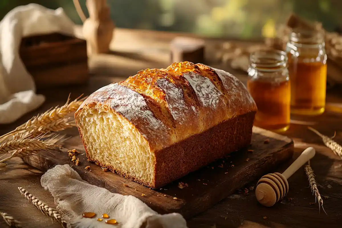 A golden loaf of honey bread on a wooden table surrounded by honey jars, wheat stalks, and a honey dipper.