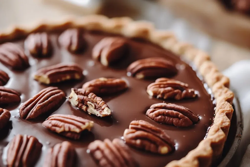 Close-up of the chocolate pecan tart filling showing smooth chocolate layer and toasted pecans on top.