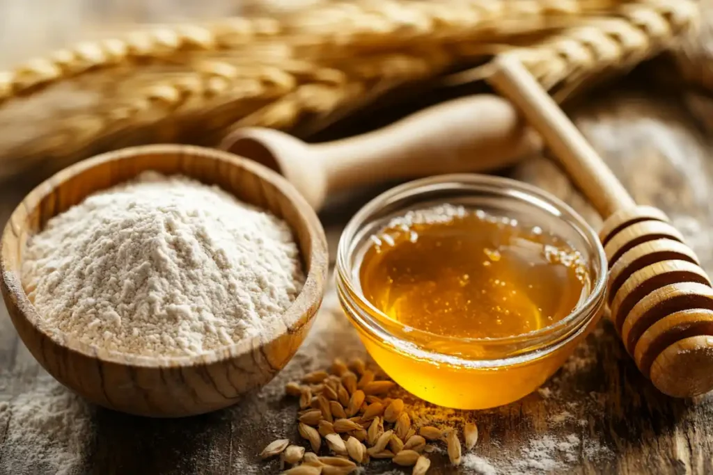Key ingredients for honey bread: whole wheat flour, honey, yeast, warm water, and a wooden spoon on a kitchen counter.