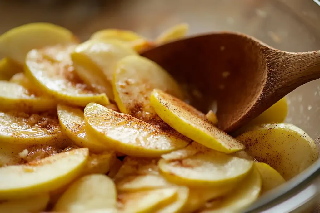 Sliced apples mixed with brown sugar, cinnamon, nutmeg, and lemon juice in a glass bowl with a wooden spoon.