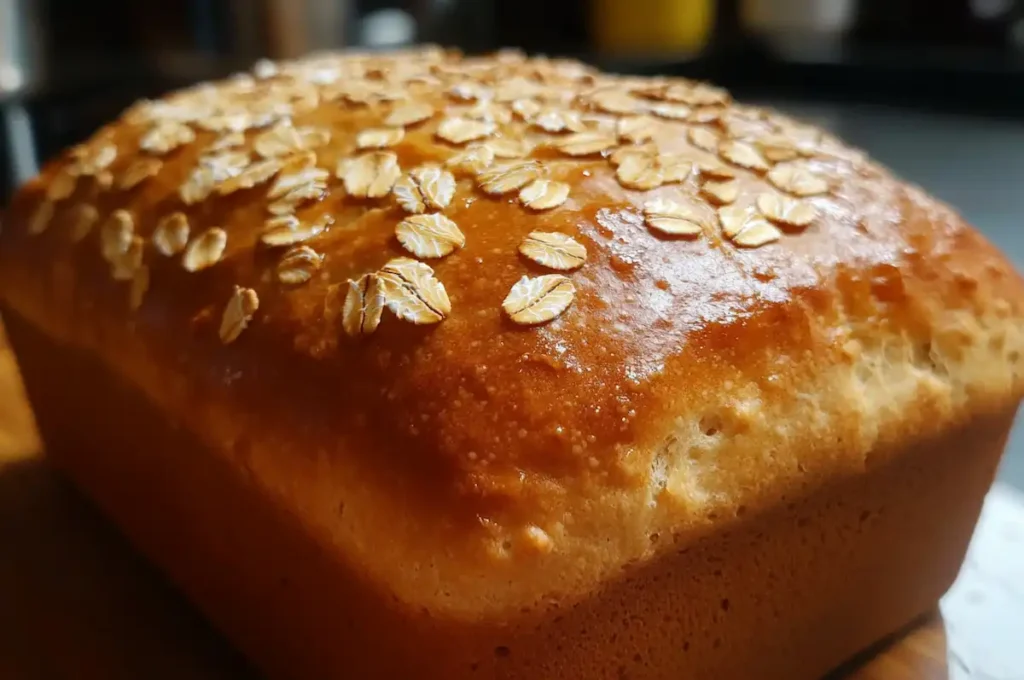 Close-up of a freshly baked loaf of oat and honey bread with oats sprinkled on top.