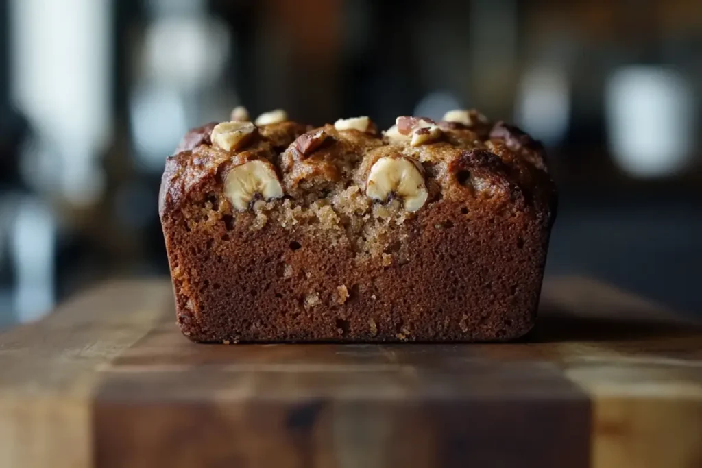 A close-up of a homemade loaf of moist banana nut bread topped with sliced nuts on a wooden cutting board.