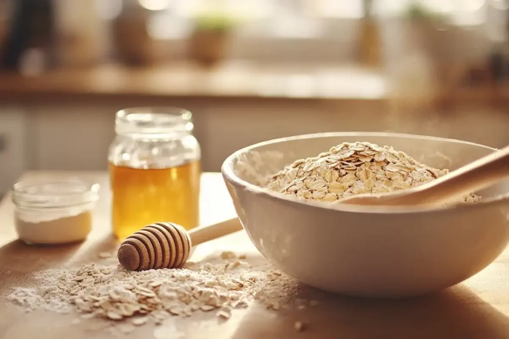 Mixing bowl filled with oats and flour, with a jar of honey and a wooden spoon on a wooden countertop.