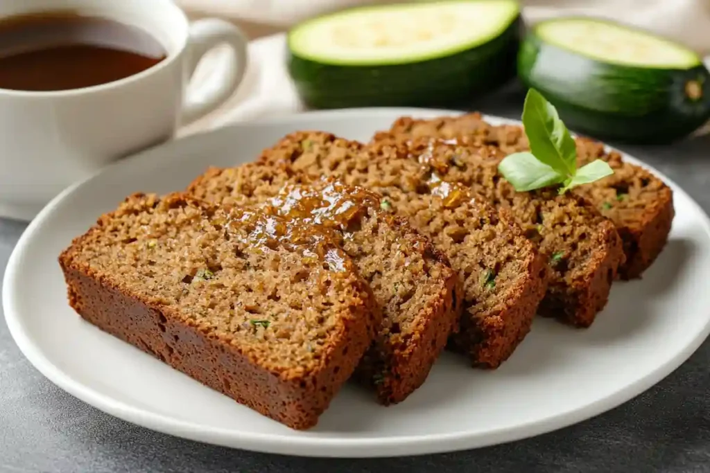 Slices of honey zucchini bread on a white plate, drizzled with honey and paired with a cup of coffee.