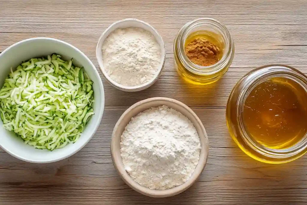 Key ingredients for honey zucchini bread including grated zucchini, a jar of honey, flour, and spices on a wooden countertop.