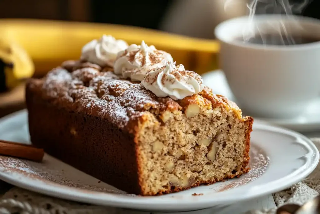 Slices of banana nut bread served on a white plate with whipped cream and cinnamon, next to a cup of coffee.