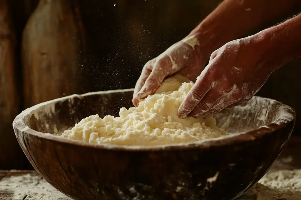Mixing bowl with flour, cold butter, and ice-cold water being mixed for a flaky tart crust, with hands gently handling the dough.