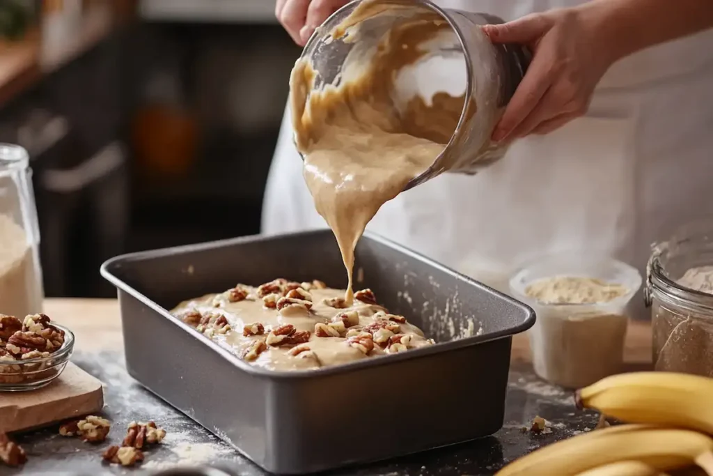 Banana nut bread batter being poured into a greased loaf pan in a cozy kitchen setting.