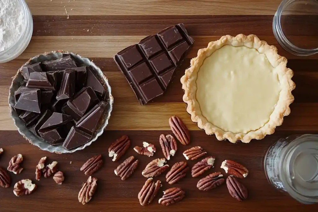Ingredients for homemade chocolate pecan tart, including high-quality chocolate, fresh pecans, and a flaky pastry crust, laid out on a wooden countertop.