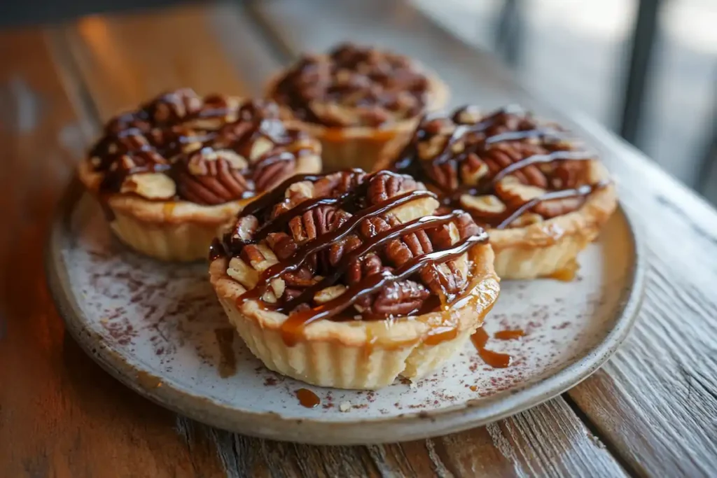 Freshly baked pecan tarts with golden-brown flaky crusts and rich nutty filling, beautifully arranged on a rustic wooden table.