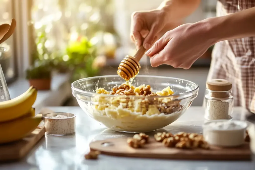 Hands mashing ripe bananas in a bowl with honey, walnuts, and flour nearby on a kitchen counter.
