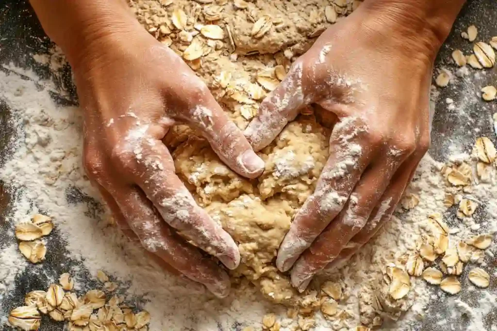 kneading oat and honey bread dough on a floured surface.