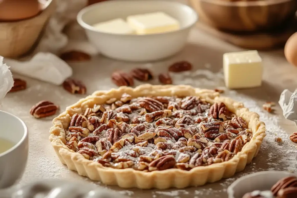 Kitchen countertop with pecans, sugar, eggs, and butter being prepared for a sweet pecan tart filling in a cozy kitchen setting.