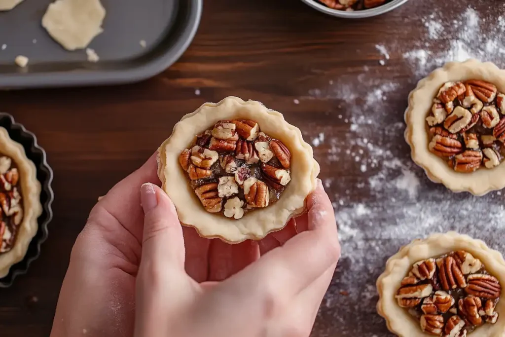 assembling mini pecan tarts, folding dough over the pecan filling, with a tart pan and a baking sheet in the background.