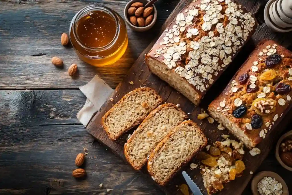Three variations of honey bread: one topped with oats, another with dried fruits, and the third with nuts, arranged on a wooden table.