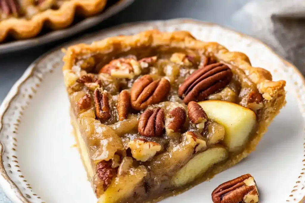 A slice of apple and pecan tart on a decorative white plate, featuring caramelized apples, a flaky crust, and crunchy pecan topping.