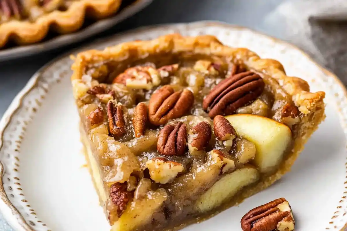 A slice of apple and pecan tart on a decorative white plate, featuring caramelized apples, a flaky crust, and crunchy pecan topping.