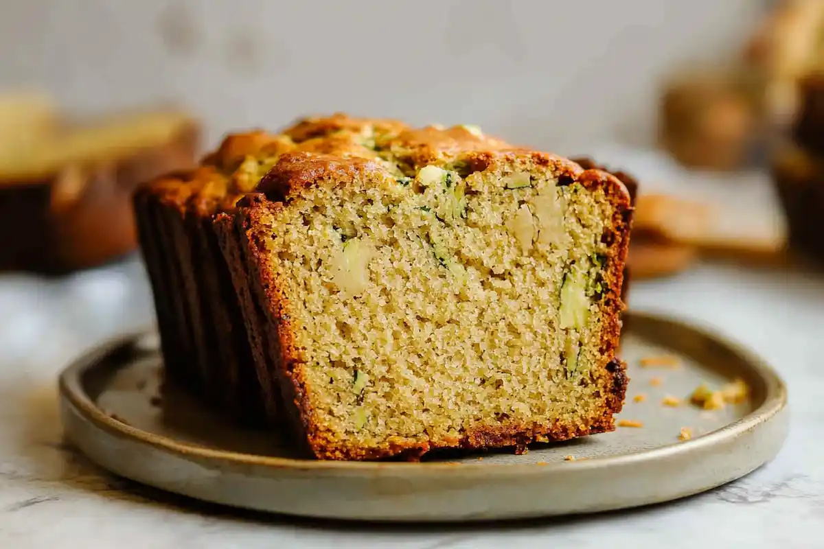 A loaf of honey zucchini bread sliced open, revealing its moist and soft texture with visible zucchini strands, served on a rustic plate.