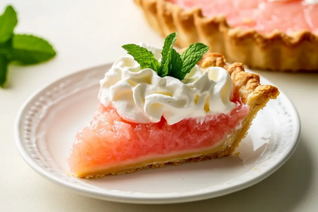 A slice of grapefruit pie with whipped cream and mint leaves served on a plate