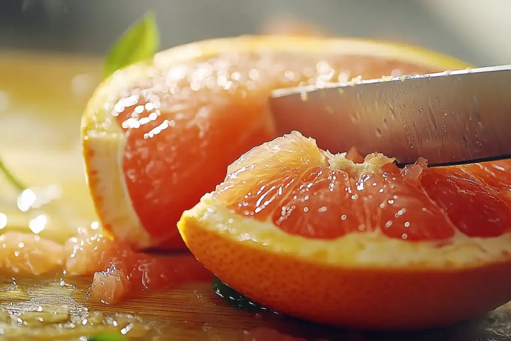 Grapefruit sections being carefully cut on a cutting board for pie preparation.