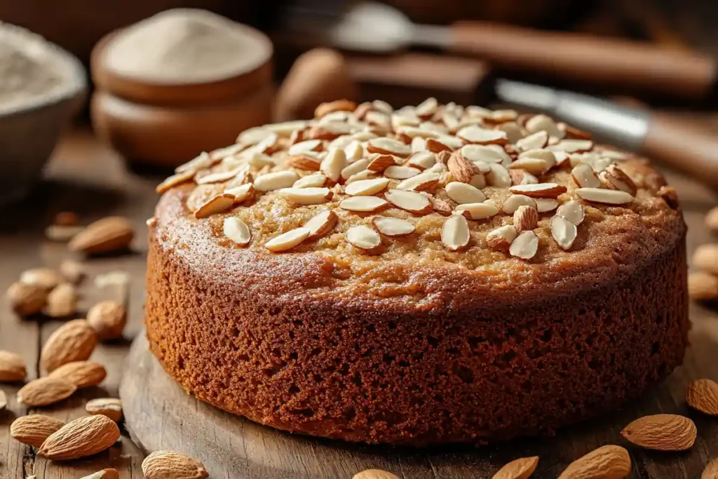 Almond nut cake recipe with golden crust and almond garnish