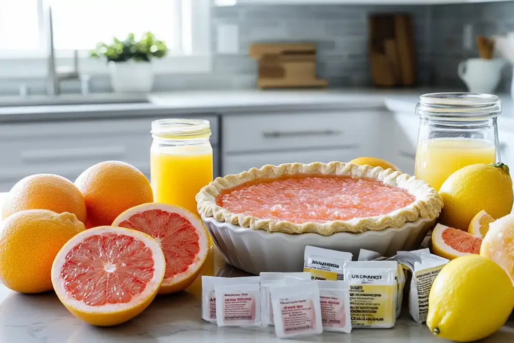 Fresh grapefruits, gelatin packets, sugar, and pie crust ingredients laid out on a countertop for grapefruit pie.