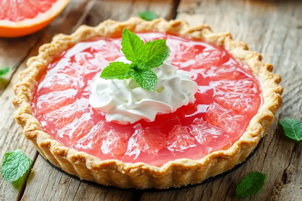 Grapefruit pie with a glossy, gelatin filling in a buttery crust, garnished with whipped cream and mint leaves.