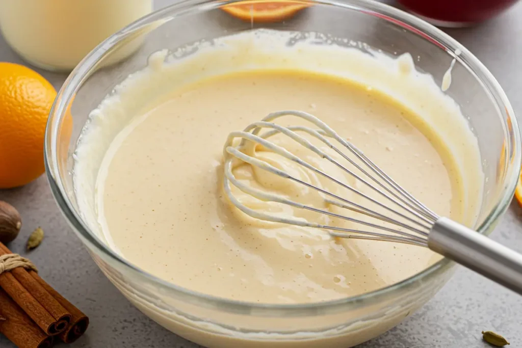 Whisked eggnog pie filling with spices, ready to pour into the pie crust.