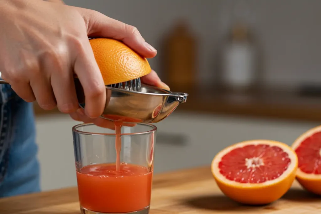 Fresh grapefruit being juiced with a citrus press.