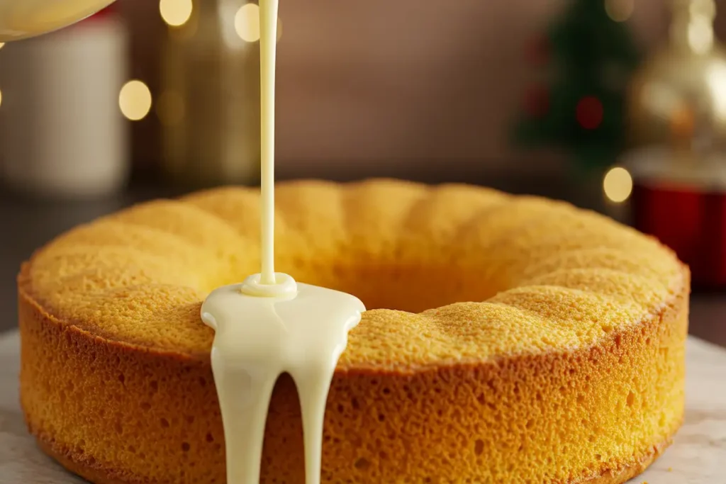 Close-up of eggnog mixture being poured over a poke cake.