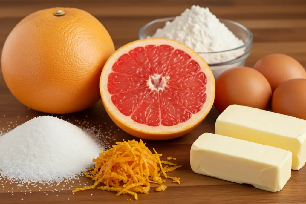 Grapefruit cake ingredients including fresh grapefruits, sugar, butter, and flour.